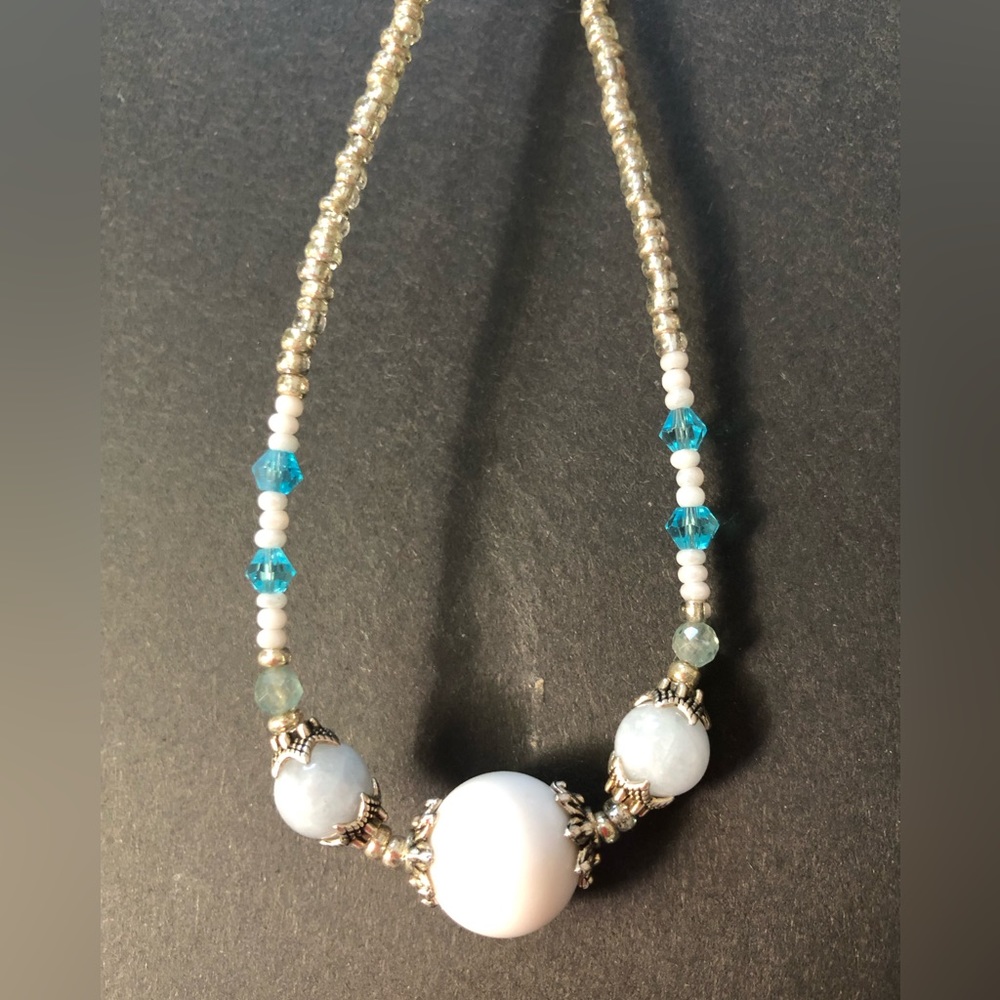 HAND CRAFTED Upcycled Blue White Silver Necklace earring set Feminine Delicate - Picture 10 of 14